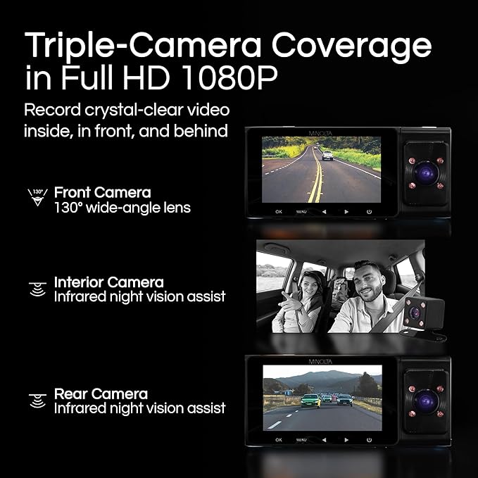 Minolta Dash Camera – 3-Channel 1080P Car DVR with Rear & Interior Cam, Night Vision, 3.0” LCD Screen, G-Sensor, Loop Recording, Parking Monitor, Motion Detection, 32GB Card (Blue)