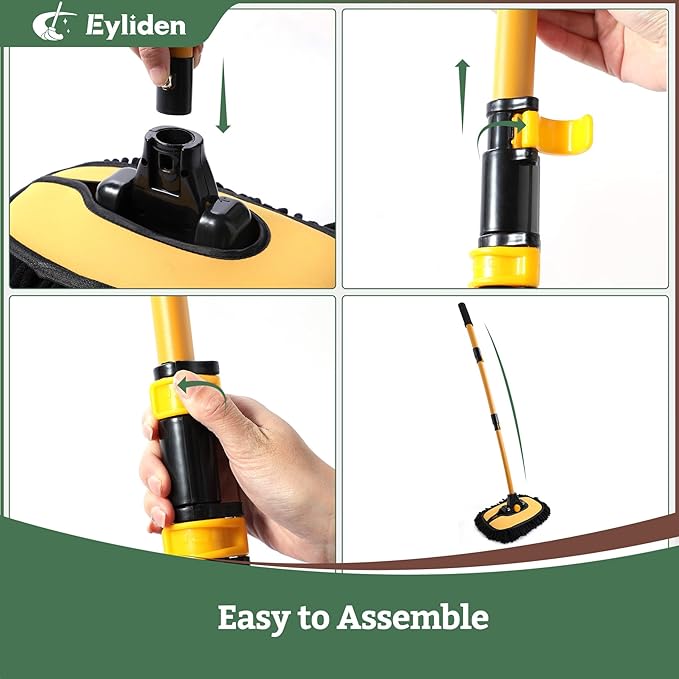 Eyliden Car Wash Brush Mop with Long Handle, 180° Swivel Head with 45° Angle Lock, 2 Scratch-Free Microfiber Heads, Car Detailing Kit for Car Truck RV, Yellow & Black