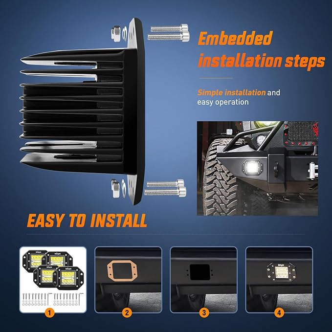 Nilight 4PCS 42W Flush Mount LED Pods Spot Flood Combo Beam Driving Backup Reverse Grill Mount Light with 16AWG LED POD Lights Wiring Harness Kit -4 Leads