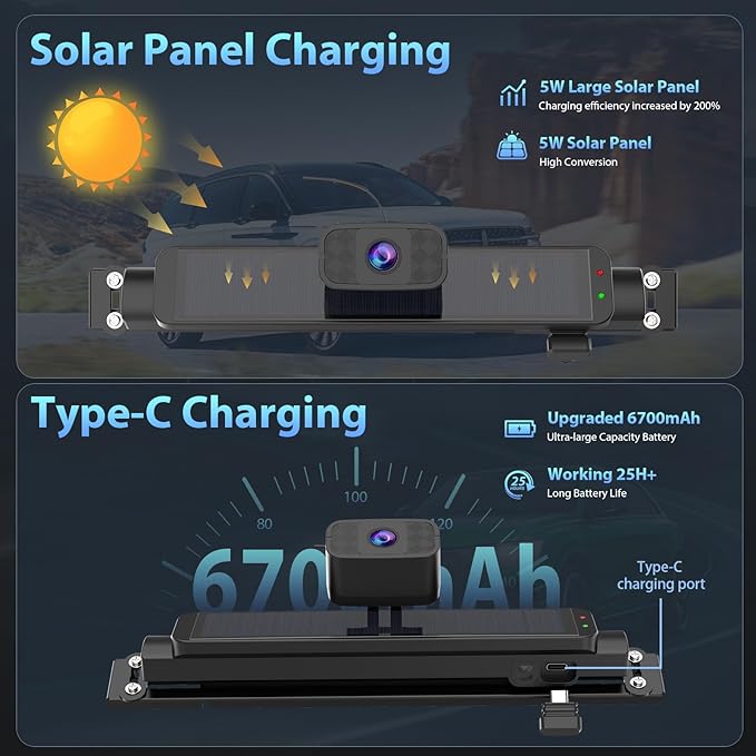 Carpuride Solar Wireless Backup Camera with 7" Monitor Rechargeable 6700mAh Battery 1080P Back Up Cam Auto Sleep, 170°Wide Angle, IP69K Waterproof, Easy Installation for Car, Van, Truck, Trailer, Bus