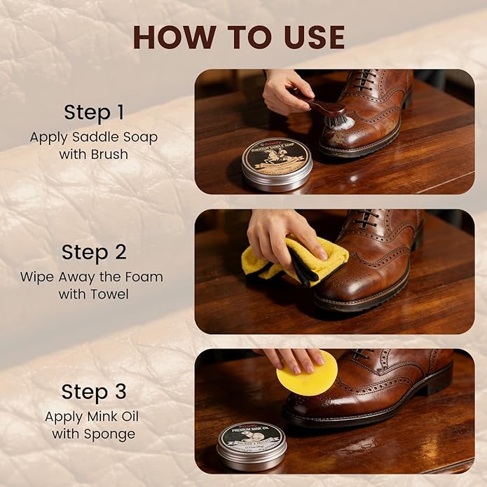 5-in-1 Leather Care Kit with Saddle Soap & Mink Oil, Leather Cleaner and Conditioner for Cowboy Boots, Jackets, Handbags, Car Interiors, Ideal Gift for Leather Lovers