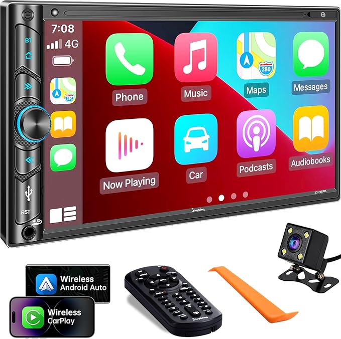 Double Din Car Stereo Compatible with Voice Control Apple Carplay - 7 Inch HD LCD Touchscreen Monitor, Bluetooth, Subwoofer, USB/SD Port, A/V Input, AM/FM Car Radio Receiver, Backup Camera