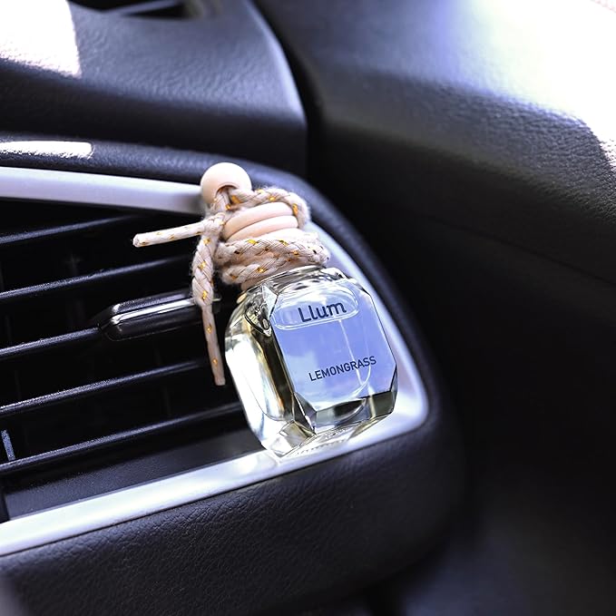 Llum Lemongrass Hanging Car Air Freshener – Luxury Automotive Perfume Diffuser 10ml (0.34 fl oz), Long-Lasting Fragrance, Alcohol-Free Non-Toxic Scent, Glass Bottle With Wood Cap & AC Vent Clip
