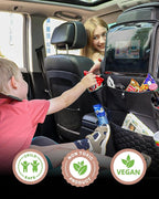 Owleys 2-in-1 Car Interior Set - Brown Eco Leather Seat Protector with Kick Guard + Kids Back Organizer with Tablet Pocket - Family Travel Gift