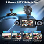 4 Channel Dash Cam with Front Rear Left Right Cameras, 360° Car Camera System for Driving & Parking, Night Vision, Parking Monitor, G-Sensor, Loop Recording, Multi-Camera Dashcam+64GB Card