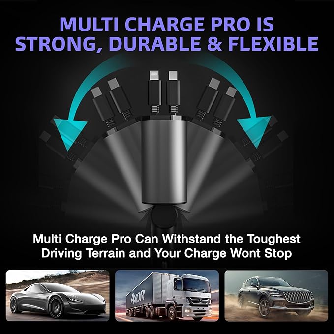 Multi Charge Pro iPhone Car Charger Fast Charging Retractable Car Charger USB C Auto Adapter, Powerful 120W 4-Port USB-C & USB-A and Lightning iPhone, Samsung, Tablets USBC Charger Block