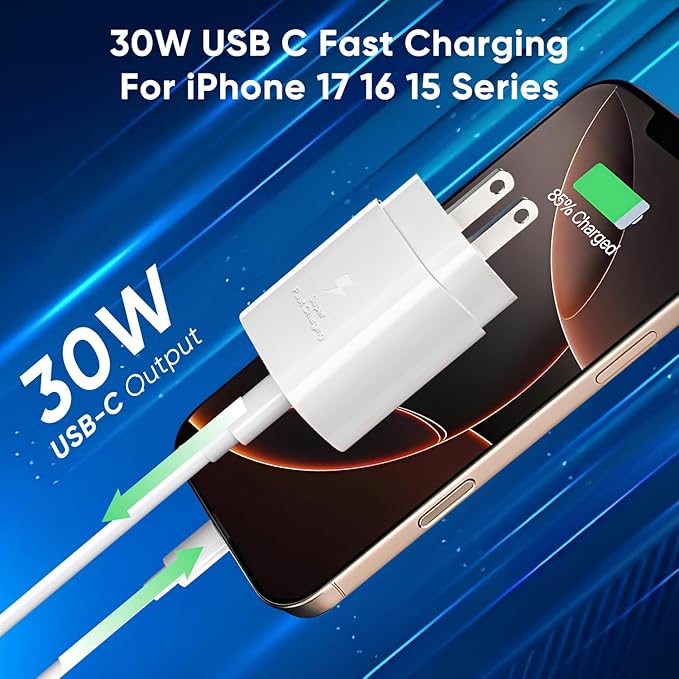 iPhone 17 16 15 Charger Fast Charging 10FT Cable, 30W USB C Charger Block for i Phone 15 16 16e 17 Air Plus Pro Max/iPad Pro/AirPods, PD USBC Power Adapter Wall Plug & Long Type C to C Cord