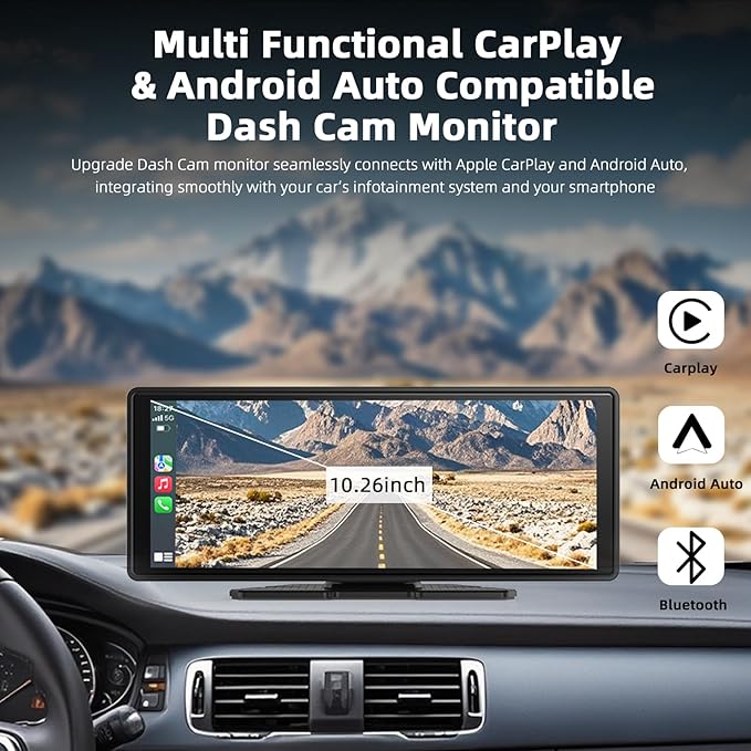 Portable CarPlay Screen for Car 10.26" HD IPS Touchscreen with 4K Dash Cam Front and Rear, 1080P Backup Camera Wireless Carplay & Android Auto Car Audio Receivers
