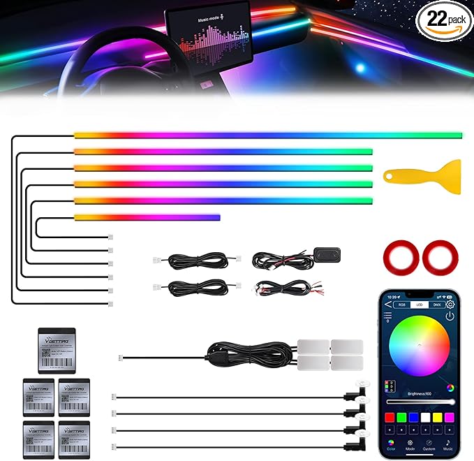 Dreamcolor Acrylic Interior Car LED Strip Light with Wireless APP, RGB 14 in 1 with 175 inches 593 Neon Car Ambient Lighting Kits, Dual Zone Music Sync LEDs Fiber Optic Strip Neon Lights for Car
