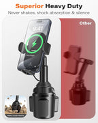 APPS2Car 15W Qi Wireless Car Charger Solid Cup Holder Mount, Adjustable Long Arm & 360° Rotation, Fits 3"–4" Round Cup Holders, Works with Cases ≤ 4 mm (No Metal Attachments)