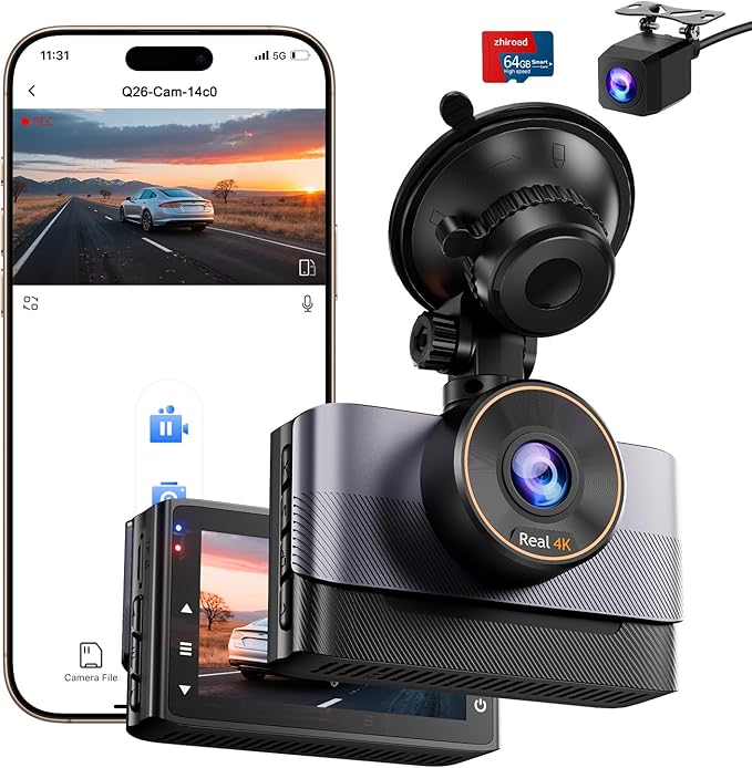 Dual Dash Cam Front and Rear 4K+1080P, 64GB Card Included, Built-in WiFi Dash Camera for Cars with APP, 24H Parking Mode, Night Vision, G-Sensor, Loop Recording, WDR, 170° Wide Angle, 3”IPS Screen