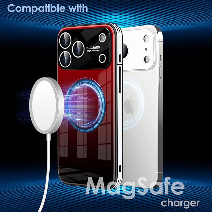 Guppy Compatible with iPhone 17 Pro Max Magnetic Case, with Full Camera Lens Protector [Compatible with MagSafe] Scratch Resistant Gradient Glass Back Cover Phone Case-Red