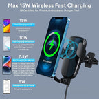 Wireless Car Charger, 15W Qi Fast Charging Auto-Clamping Car Phone Mount Charger Air Vent Phone Holder for iPhone 14/13/12 mini/12 Pro Max/11 Pro Max/Xs MAX/XR/8+,Samsung S23/S22/S21/S20 Plus/Note20