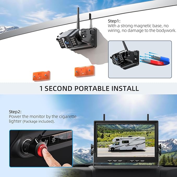 eRapta Magnetic Wireless Backup Camera Kit with HD1080P 10” DVR Monitor, Dual RV/Trailer/Truck/Tractor Cameras Wireless System, No Wiring, 9600mAh Rechargeable Battery, IR Night Vision-ACT1002