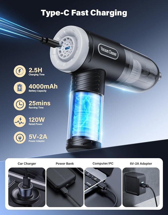 Car Vacuum Portable Cordless, 9000Pa Handheld Vacuum Mini Vacuum Cleaner High Power with Best Suction, 4 in 1 Air Duster Portable Vacuum for Car Keyboard Home Pet Hair with Multi-Nozzles