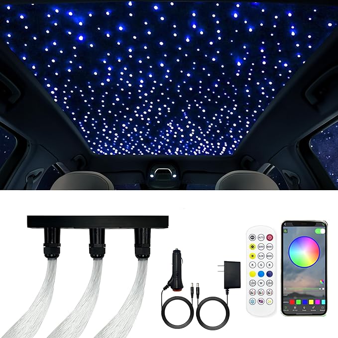 Twinkle Fiber Optic Light,20W Starlight Headliner Kit with APP/RF Remote Music Mode for Car Home Star Ceiling Sky Decoration,3 Hole RGBW LED Light Engine+300pcs 0.03in 9.8ft Optical Fiber Cables