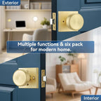 Brushed Gold Door Knobs with Square Rosette, Interior Door Handles for Bath & Bed with Push Lock
