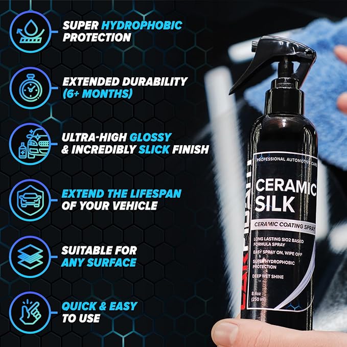 Carfidant Ceramic Silk - Ceramic Coating Spray - High Gloss, Hydrophobic Protection & Chemical Resistance for Cars, RVs & Boats - Long-Lasting Shine & Durability for Exterior Detailing - 8 fl. Oz.