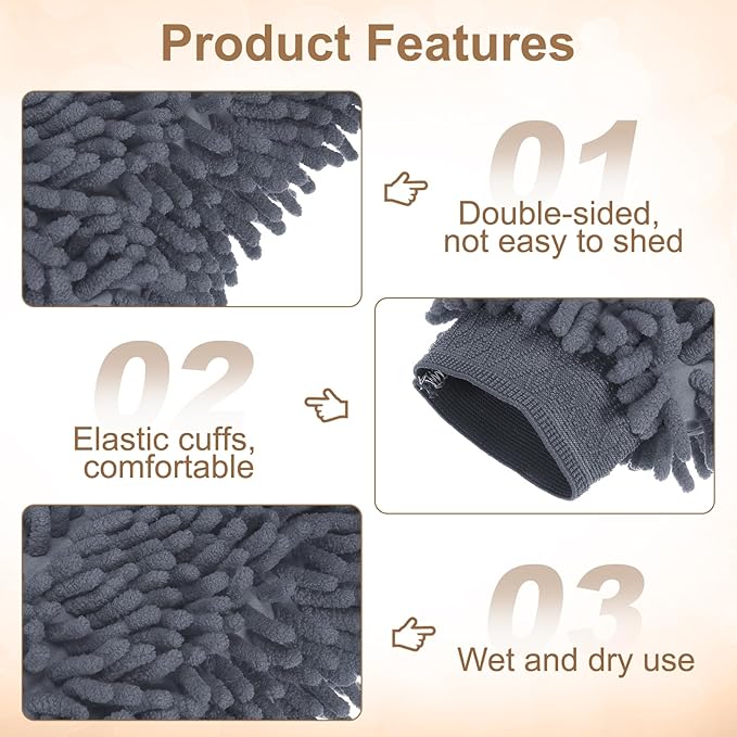 HARFINGTON Chenille Microfiber Car Wash Mitts 9.8" x 7.9" Scratch Free Wash Gloves Absorbent Double Sided Plush Cleaning Drying Mitts for Car Washing Home Gray