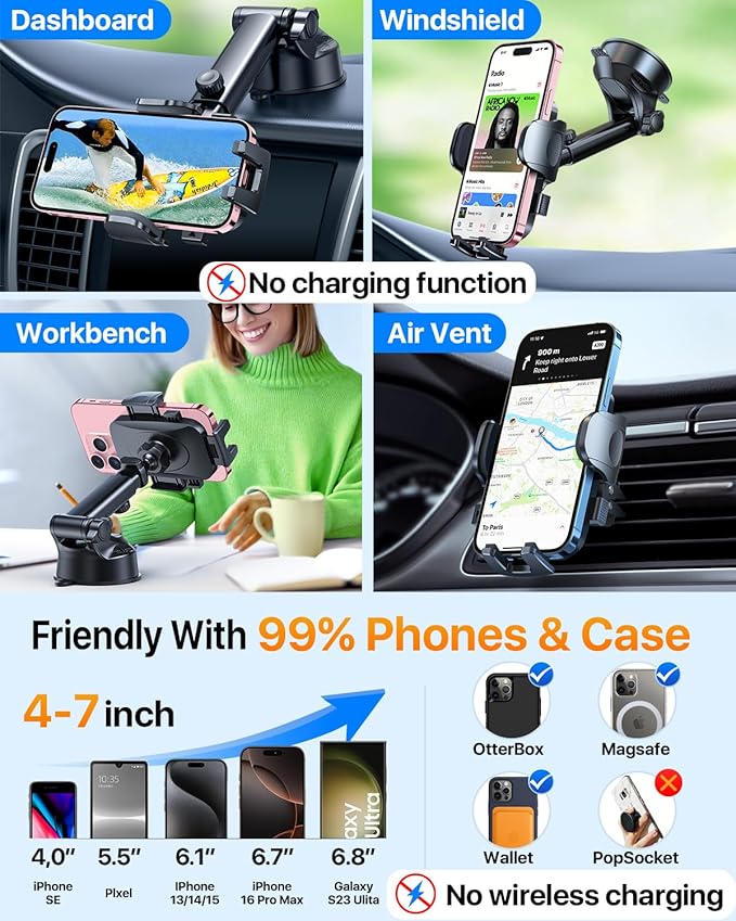 HTU [True Military-Grade] 2025 Upgraded Car Phone Holder 【Safety Certs & No Smell】 Cell Phone Holder for Car Mount for Dashboard Windshield Air Vent Long Arm Thick Case,Purple