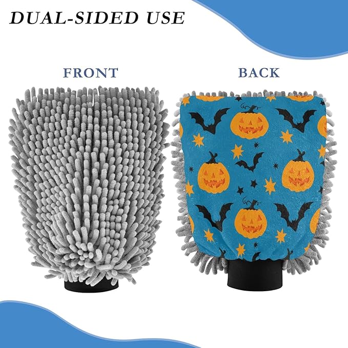 Qilmy Orange Pumpkins Microfiber Chenille Car Wash Sponge Scratch Free Car Wash Mitt Absorbent Mitt Sponge for Trucks SUVs Car Washing Home Cleaning, Large
