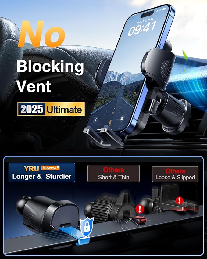 YRU True Military-Grade [360° Rotation Suction] 2026 Ultimate Car Phone Holder Mount 【90+LBS Safest Strongest & Patent Certs】 Dashboard Windshield Vent for iPhone 17 16 Pro Max Samsung, Royal Blue