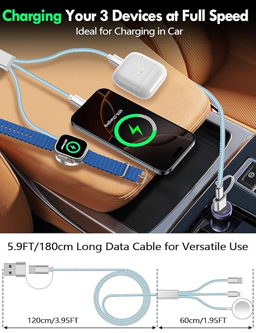 Travel Essentials for Apple Watch Charger,iPhone Charger,3 in 2 Type C/L/Magnetic Fast Charging Cable,Multi Charging Cable Portable Designed for iWatch Series,iPhone 17-11,Galaxy S26-S21,Car-6FT