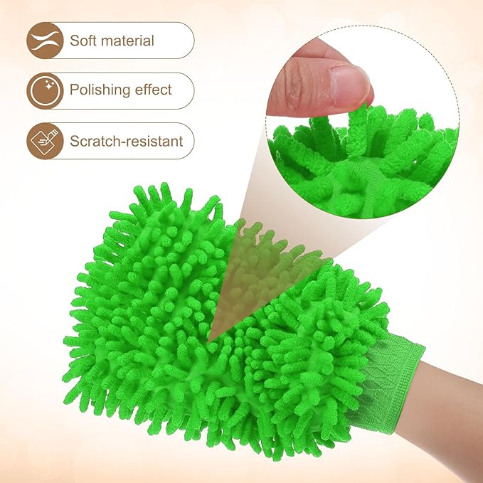 HARFINGTON Premium Chenille Microfiber Car Wash Mitts 9.8" x 7.9" Scratch Free Wash Gloves Absorbent Double Sided Plush Cleaning Drying Mitts for Car Washing Home Green