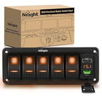 Nilight 5 Gang Rocker Switch Panel with PD Type C and USB Charger Voltmeter 12V SPST ON Off Toggle Switches w/Orange Backlit Waterproof Aluminum for Boats Cars RVs Trucks