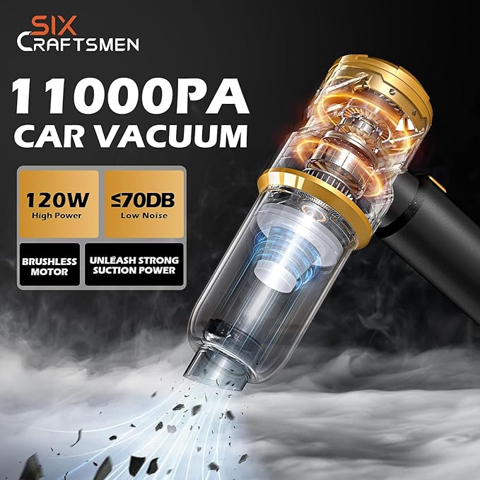 Handheld Car Vacuum Cleaner, 4-in-1 Cordless Rechargeable Mini Vacuum with Air Duster – Quickly Clean Crumbs, Pet Hair & Crevices in Car, Office, Home. Ideal for Commuters & Office Workers (Gold)