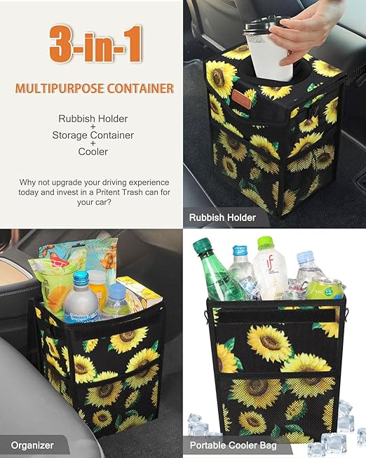 Pritent Car Trash Can with Lid, Cute Leakproof Car Trash Garbage Bag Hanging Vehicle Trash Bin Small Portable Automotive Garbage Cans Organizer for Back/Front Seat/Console(2.8 Gallons,Sunflower)