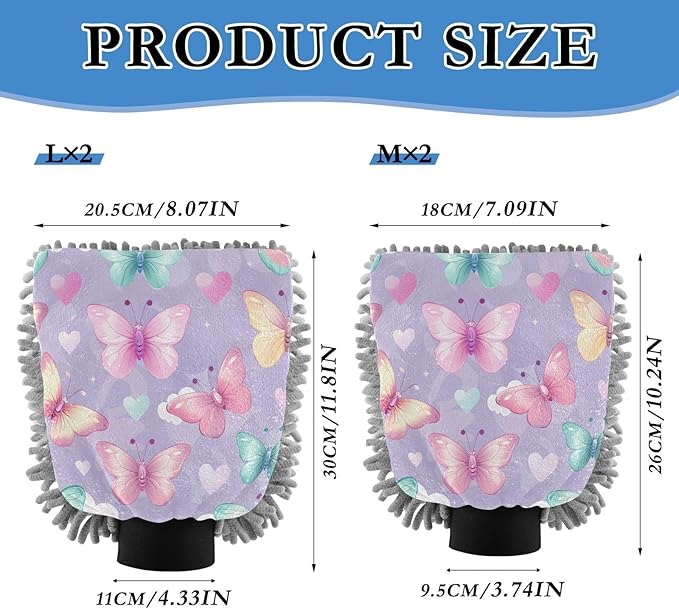 YETTASBIN Butterfly 2PCS Car Wash Mitts, Ultra Absorbent Chenille Microfiber Car Washing Gloves, Scratch-Free Lint-Free Auto Cleaning Mitt, Machine Washable Elastic Cuff Car Wash Sponge