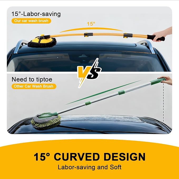 15° Curved Car Wash Brush with 43" Telescopic Handle – Microfiber Chenille Car Wash Mop for RV, SUV, Truck & Boat – Soft, Scratch-Free Extendable Cleaning Tool (Yellow&Black)