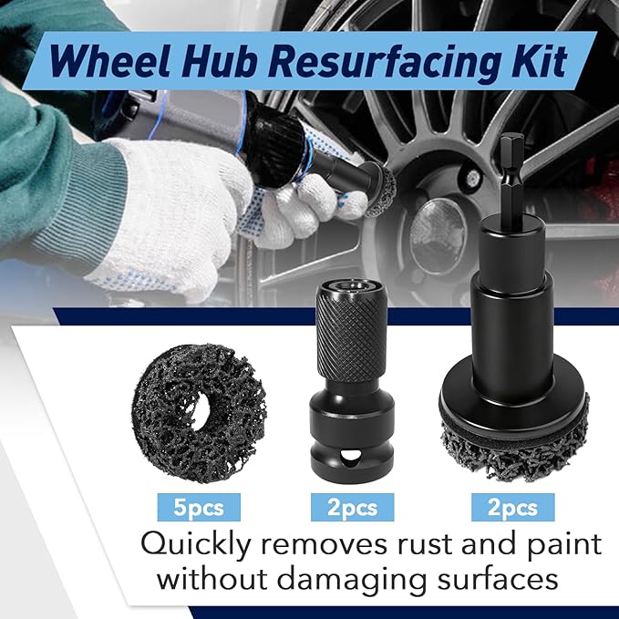 9 PCS Wheel Hub Cleaning Tool, Brake Hub Cleaning Kit Includes 5 Pads, Compatible with Electric Drills or 1/2" Impact Wrenches, Suitable for Car & Truck