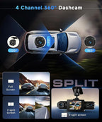 4 Channel 360° Dash Cam Front and Rear Inside Left Right, 2 Inch Dash Camera for Cars, Built-in Night Vision, Sensitive Motion Detection 24/7 Recording Parking Mode Monitor Reversing Help