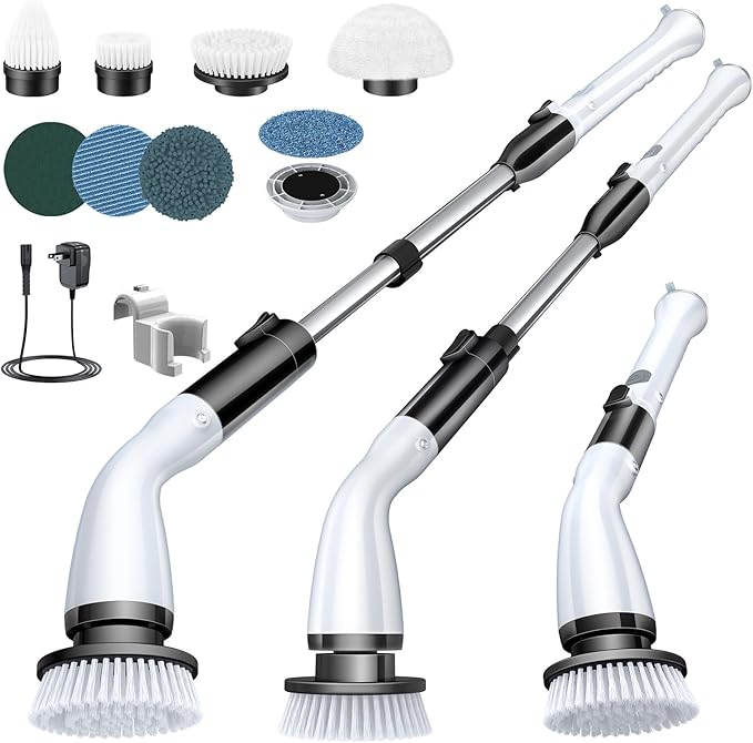 Electric Spin Scrubber, Cordless Cleaning Brush Scrubber with 7 Replaceable Brush Heads and Adjustable Extension Handle, IPX7 Waterproof Power Cleaning Brush for Bathroom Tub Floor Tile Shower