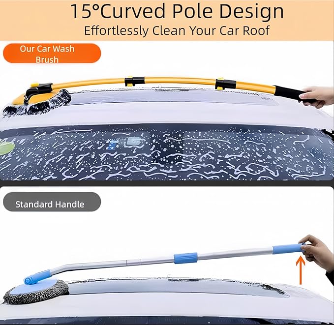 Car Wash Brush with Long Handle, 15°Curved Car Cleaning Brush with Extension Pole Scratch Free, Microfiber Exterior Cleaning Mop Mitt for Washing Roof Truck Camper SUV (3)
