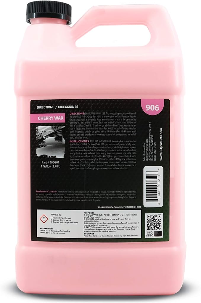 3D Cherry Wax – Liquid Carnauba Show Car Wax with Synthetic Polymers | Deep Gloss Finish | Easy Wipe-Off | Slick Shine | Fast Application | Made in USA | 1 Gallon