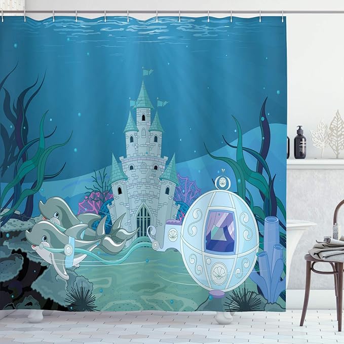 Ambesonne Ocean Shower Curtain, Mermaid Castle with Dolphins Moss Fish Sun Beams Art Print, Cloth Fabric Bathroom Decor Set with Hooks, 69" W x 75" L, Turquoise Teal