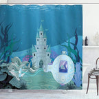 Ambesonne Ocean Shower Curtain, Mermaid Castle with Dolphins Moss Fish Sun Beams Art Print, Cloth Fabric Bathroom Decor Set with Hooks, 69" W x 75" L, Turquoise Teal