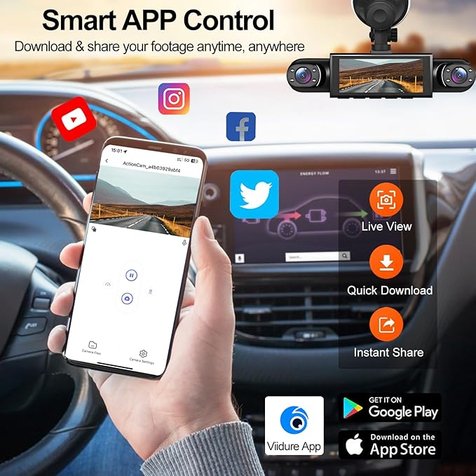 3 Channel Dash Cam Front Inside and Left Right, 1080P HD Dash Camera for Cars, 3.16 inches WiFi Car Camera,170°Wide Angle Vehicle Cam, Night Vision, Loop Recording, G-Sensor, 64GB Card