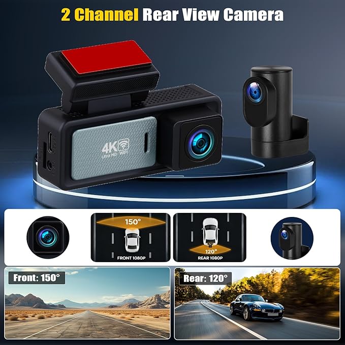 4K Dual Dash Cam Front and Rear, 4K+1080P FHD Car Camera,Dash Camera for Cars Car Camera with GPS WiFi App Control 150° Wide Angle Night Vision G-Sensor Loop Recording 24H Parking Monitoring