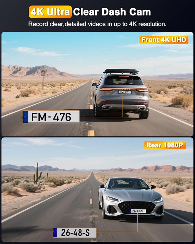 Dual Dash Cam Front and Rear 4K+1080P, 64GB Card Included, Built-in WiFi Dash Camera for Cars with APP, 24H Parking Mode, Night Vision, G-Sensor, Loop Recording, WDR, 170° Wide Angle, 3”IPS Screen
