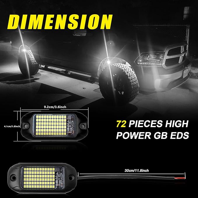Nicoko 4Pods Pure White 72 LEDs SMD Chips 72w High Power Rock Lights Super Bright White Offroad Car Boat Underglow Lights IP68 Waterproof for Truck SUV UTV ATV RZR