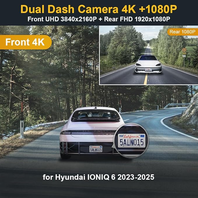 Fitcamx Front 4K+Rear 1080P Dash Cam Adapts for Hyundai IONIQ 6 2023 2024 2025 Limited SEL (Has Auto-Dimming), OEM Style, Dual HD Video, WiFi & APP, Loop Recording, G-Sensor, Easy to Use, 128GB Card
