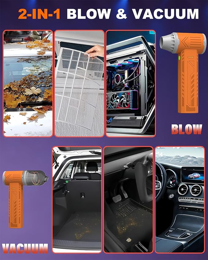 Tool-grade Electric Air Duster, Rechargeable Handheld Blower with 180,000 Super Power Brushless Motor, 2-in-1 Blow & Vacuum Cleaner, Cordless Leaf Blower for Car Drying, Home, Patio Cleaning (Orange)