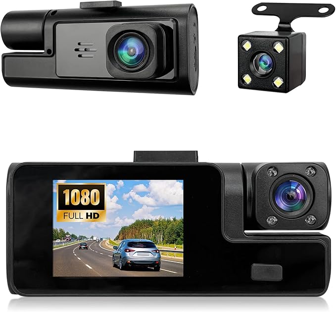 1080P 3 Channel Dash Cam Front and Rear Cabin Recording, 2.0" IPS Screen Camara para Carro, G-Sensor, Night Vision Loop Recording, Motion Detection, Heatproof, Electronics Max 64GB Support