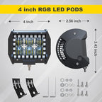 4PCS 4" inch LED Pods Flood Work Light Bar with Multi-Color Chasing RGB Halo 16 Solid Colors Over 92 Flashing Modes Offroad Pods Lights LED Driving Lamp Fog Lights with Switch Wiring Harness