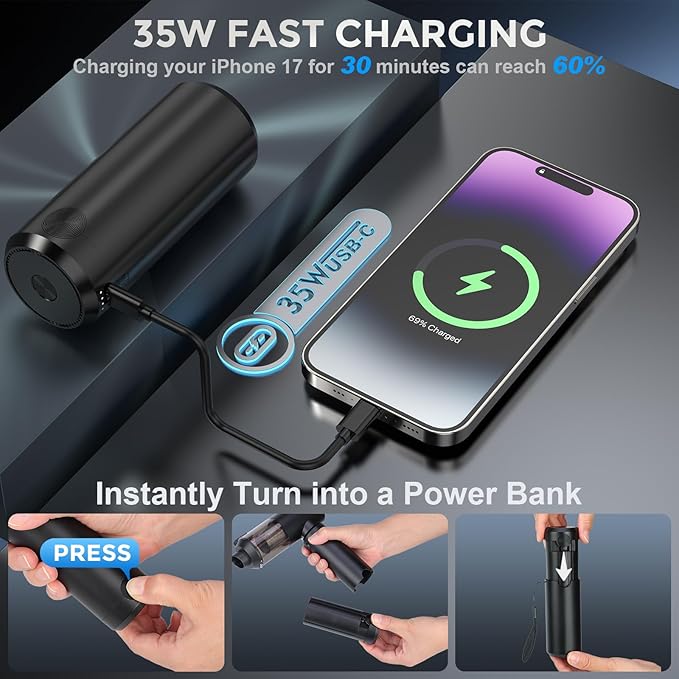 Car Vacuum Portable Cordless,3 in 1 Power Bank & Air Duster & Vacuum-20000Pa,120W High Power Handheld Vacuum Cordless with Led Light,Nozzles for Car,Home,Office,Pet Hair