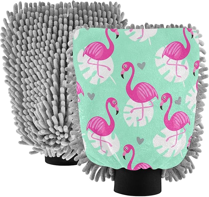 STAYTOP Beautiful Flamingo Car Wash Mitts 2Pcs,Chenille Microfiber Mitts Scratch Free Ultra Absorbent Wash Sponge Cloths for Cars,Home Cleaning-L